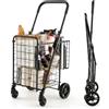 GYMAX Carrello Porta Spesa Pieghevole a 4 Ruote, Cestino a Doppio, Bracciolo con 2 Altezze Regolabili, Trolley Spesa Acciaio, Carico di 20 kg, Capacità di 48+10 L, Compatto e Salvasapzio (S, Nero)