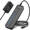 RSHTECH Hub USB alimentato, RSHTECH 10 porte USB 3.2/USB C Hub 60 W con USB-A 3.2 da 10 Gbps, 2 porte USB-C 3.2, 7 porte USB 3.0, interruttori touch individuali e cavo da 1 m, splitter USB ibrido per laptop