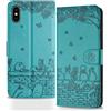 Butnyeoe Cover per iPhone X/XS Libro,Gatti/Fiori Motivo in Rilievo Custodia,PU Pelle Protettiva Portafoglio Flip Wallet Case Con Slot per Schede e Magnetica Supporto,Blu-Verde