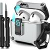 RFUNGUANGO Custodia compatibile con AirPods 4th con clip di blocco di sicurezza, custodia pop-up automatica, custodia protettiva rigida antiurto per tutto il corpo,Argenteo