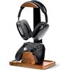 UPERGO Supporto per cuffie con supporto per controller da gioco, supporto per cuffie in legno di noce con base portaoggetti, accessori per attrezzature da gioco per scrivania