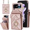 XIMAND Custodia portafoglio per Samsung Galaxy Z Flip 3 con cinturino ad anello regolabile e tracolla regolabile, funzione a fisarmonica, design in pelle a forma di V（oro rosa）