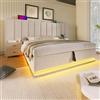 Moimhear Letto imbottito, letto matrimoniale con contenitore con controllo App LED e funzione di ricarica USB-C, lino, senza materasso e comodino (beige, 160 x 200 cm)