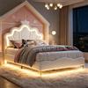 Julyue Letto Bambini Bianco con Luci LED RGB, Testiera a Nuvola con Corona, Letto Imbottito 140x190 cm Similpelle Bianco, Altezza Regolabile e Stiva Sottoletto