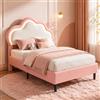 Julyue Letto Bambini 90x200 Imbottito con LED RGB Testiera a Nuvola, Letto Singolo Ragazze con Testiera Regolabile, Struttura in Pelle PU Rosa/Bianco, Rete a Doghe in Legno, Letto Cameretta Bambini Moderno