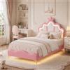 MIOOSUT Letto Bambino Imbottito 90x190 cm con LED, Letto Singolo per Ragazza Adolescente, Testiera Regolabile in Altezza, Design a Forma di Corona, Rete a Doghe, PU, senza Materasso (Rosa LED, 90