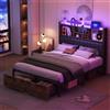 Yeutre Letto imbottito 160 x 200 cm con LED e USB, letti matrimoniali con 2 cassetti e testiera di stoccaggio, telaio per letto matrimoniale in metallo, senza materasso, PU (nero, 1, 160 x 200 cm)