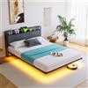 HAHRIR 120 x 200 cm Telo letto fluttuante con luci LED e stazione di ricarica USB, telaio letto piattaforma in metallo con testa di letto imbottita e spazio di archiviazione, grigio scuro