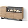 Skraut Home | Credenza, Mobile, Cucina | Madia, mobile ingresso | 160 | 3 Porte | Camino elettrico XXL | Design industriale | Stile moderno | Rovere