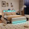 DAHUEN Letto 160x200 con Sommier LED e USB, Letto con Contenitore 160x200 con Testiera e 4 Cassetti, Letto Matrimoniale Imbottito con Sommier a Doghe, Letto per 2 Persone per Adulti, senza Materasso, Beige