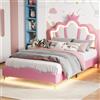 MIOOSUT Letto per bambini imbottito 140 x 190 cm con LED, letto doppio per ragazza adolescente, testiera regolabile in altezza, design a forma di corona, rete a doghe, PU, senza materasso (rosa LED