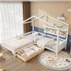 Trdlpyn Letto a Forma di Casa per 2 Bambini 90x200 cm E 140x70 cm, Letto Matrimoniale con Cassetti e Ripiani, Legno Massello con Rete e doghe, Struttura a L, per Ragazzi e Ragazze, Bianco