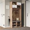 Kebnor Set completo appendiabiti da corridoio con panchina, 5 ganci, 2 ante e 6 spazio aperto, colore legno naturale e bianco, 80 x 185 x 35 cm (larghezza x altezza x profondità)