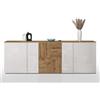 WHOUS Credenza e Buffet ISEO per Soggiorno con 5 Ante, Madia per Salotto, Cucina e Sala da Pranzo in Legno, 200x35x70, Bianco Lucido e Rovere