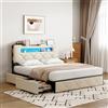 KeepGoon Letto matrimoniale 140 x 200 cm con luce LED e porta USB, letto imbottito con 4 cassetti in ferro, vano contenitore nella testiera, rete a doghe, tessuto in flanella,Beige