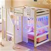 Trdlpyn Letto a Soppalco 90x200cm con Luci LED, Garza, Scala Portaoggetti, Vano Portaoggetti Aperto, Letto Casetta per Bambini con Finestra, Strutture letto in Pino, Bianco+Naturale, Senza materasso