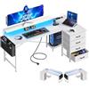 ODK Scrivania Gaming Angolare, 160x80x84.7cm Scrivania Angolare Reversibile con 4 Cassetti, Tavolo a Forma di L con LED e 2 Porte di Ricarica USB e 2 Prese di Corrente per Casa Ufficio, Bianco