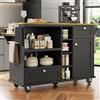 Wyibwy Carrello da cucina, isola da cucina su ruote con piano di lavoro in legno, isola da cucina mobile con 2 cassetti e 1 ante, 3 ripiani regolabili e 2 ripiani aperti, 129 x 46 x 92 cm, Nero
