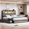 BLSYHDH Letto contenitore 140x190 con LED, letto imbottito con 4 cassetti letto matrimoniale porta di ricarica USB comodino letti trapuntati con contenitore letti 2 persone LED (grigio+lino-A, 140x190
