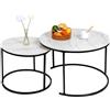 OHMG Set di 2 tavolino da salotto effetto marmo, tavolino per soggiorno, diametro 70 + 50 cm, grandi tavoli estraibili rotondi, aspetto marmo e struttura in acciaio dorato (nero+bianco-60 x 45 e 40 x