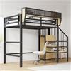 Dolamaní Letto a soppalco 90 x 200 cm, struttura in metallo con scala di sicurezza e armadio, altezza 191 cm, letto con rete rimovibile e protezione da caduta, per adolescenti adulti (nero)
