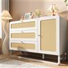 NNJN Cassettiera con manici in rattan e oro, stile rustico, colore bianco, con 3 cassetti e 1 armadio per porta, ripiani regolabili in altezza e sicurezza ribaltabile, 120 x 85 x 40 cm (larghezza x