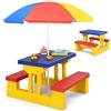 RELAX4LIFE Set Tavolo e Sedie per Bambini, Set Mobile da Esterno con Ombrellone Parasole da Esterno, Tavolino e Panche da Giardino Terrazzo Balcone, Mobile da Picnic e BBQ (Modello 2)
