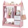 COSTWAY Guardaroba per Bambini, Armadio Gioco con Specchio Appendiabiti, Cassette in Tessuto Pieghevoli, Organizer per Stanza e Camera da Letto, 81 x 38 x 107 cm (Rosa)