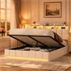 MIOOSUT Letto matrimoniale per adulti 140 x 200, letti 140 x 200 con rete LED e USB, letti baule con contenitore e testiera, adolescenti, immagazzinamento idraulico, adulto, lino, senza materasso