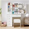 LIANWANG Toeletta da Trucco con Luci LED, 3 Temperature di Colore, Tavolo da Trucco con Specchio, 6 Cassetti, 4 Ripiani, 1 Sgabello, Moderno, Bianco, 36 x 80 x 131cm