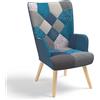 IDMarket - Poltrona scandinava IVAR in tessuto patchwork e velluto blu