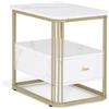 MCombo M tavolino con cassetto, tavolino da divano moderno in marmo bianco oro, tavolino con struttura in metallo, comodino con 2 ripiani, tavolino da salotto, 60x40x55, 2138