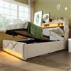 KUAKE Letto singolo imbottito 90x200 cm, testiera LED con porta USB e porta Tipo C, letto contenitore, letti funzionali, schienale, struttura del letto, lino (beige, 90x200 cm)