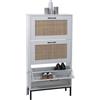 Mendler Scarpiera HWC-N92, ribaltabile, salvaspazio 3 scomparti fronte rattan in melamina, 126x63x24cm - bianco