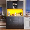 KUAKE Armadio da cucina, credenza con illuminazione a LED, armadio alto da cucina a buffet con 4 ante e 5 cassetti, grande spazio di archiviazione, vetrina da cucina con funzione luce musicale e
