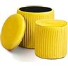 Norbe | TIK-TAK Set 2 Pouf Contenitore Velluto | Poggiapiedi Salotto | Cilindro Impilabile | Sgabello a Coste Camera da Letto | Giallo