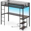 LIFEZEAL Struttura Letto a Soppalco con Scrivania, Luci, Multipresa, Barriere di Sicurezza, 90x200cm, Letto a Castello in Metallo, Rete a Doghe, Remoto Controllo, Illuminazione, Cameretta, Nero