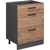 Vicco Mobiletto base per cucina R-Line, Rovere dorato, 60 cm | 3 Cassetti · Senza piano di lavoro · Piedini regolabili in altezza · ✓ Facile accesso · ✓ Liberamente combinabile