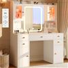YOUDENOVA Tavolo Trucco LED 105 cm con Specchio 3 Modalità, 7 Cassetti, 2 Vetrine RGB, Presa & USB, Organizer Gioielli, Moderno, Bianco