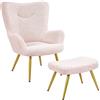 Yaheetech Set Poltrona da Salotto con Pouf Poggiapiedi in Tessuto Bouclé e Metallo Imbottita con Schienale Braccioli per Lettura/Camera da letto/Caffè/Studio Rosa