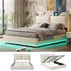 HYTKKBD Letto Matrimoniale Imbottito con Contenitore, LED Regolabili e Ricarica Wireless, 160 x 200 cm, Schienale Rimovibile, Montaggio Facile, Senza Materasso, Flanella beige