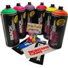 PROGAL COLORS Montana Black - Set di bombolette spray fluorescenti, 6 x 400 ml + 6 ugelli di ricambio di diverse dimensioni by MONTANA