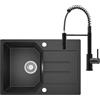 ANYCEE 78x45 cm Lavello Nero con Rubinetto Molla, Lavello Cucina 1 Vasca con Gocciolatoio, Lavandino Cucina in Granito per Mobile di Base di Oltre 40cm con Sifone e Scarico
