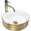 Rea - Lavabo Da Appoggio Sami Gold White Brush Gold Lavandino Bagno 360 X 360 X 115 mm Ceramica (Oro/Bianco)