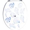 BM 4103 Copriwater Sedile Tavoletta WC Universale Coperchio Toilet Seat in Legno MDF Blu Decorato Motivo Conchiglie Asterie Sfondo Bianco, Misura Standard Fissaggio dal Basso Cerniere in Acciaio