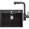 ANYCEE 60 x 46 cm Lavello Nero con L Rubinetto Cucina Estraibile, Lavandino Cucina Nero 1 Vasca con Cestello di Scarico, Lavello Granito per Mobile da 60 cm con Sifone e Scarico
