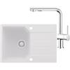 ANYCEE 65x45 cm Lavello in Granito con Rubinetto Estraibile, Lavandino Cucina 1 Vasca con Gocciolatoio, Lavello Bianco per Mobile di Base di Oltre 40cm con Sifone e Scarico