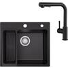 Sofetiy Lavello in granito nero 50x45 cm con rubinetto da cucina estraibile set, lavello da cucina angolare da incasso con scarico, miscelatore nero in acciaio inossidabile, lavandino da cucina