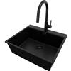 PRIMAGRAN Lavandino da Cucina Tutto Nero 58x50cm, Lavello in Granito a 1 vasca + Rubinetto 40x20cm + Set di accessori, Lavabo da Cucina Incasso al Mobile 60cm - Oslo Top S350