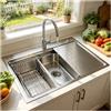 JUNFUNNLE Grande Lavabo Cucina 85×50cm, Lavabo Cucina Moderno In Acciaio Inox 304, Lavabo 1 Vasca con 3 Fori, Lavello Multifunzione con Filtro a Cestello, Sifone e Set di Drenaggio (kitchen sink)